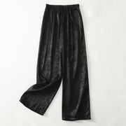Buddha Stones Spring Casual Jacquard Solid Color Women's Cotton Linen Wide Leg Pants With Pockets
