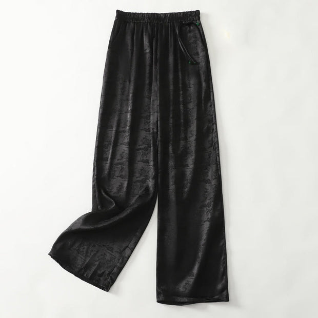 Buddha Stones Spring Casual Jacquard Solid Color Women's Cotton Linen Wide Leg Pants With Pockets
