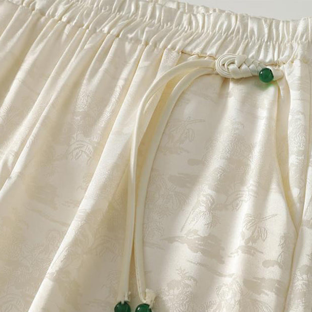 Buddha Stones Spring Casual Jacquard Solid Color Women's Cotton Linen Wide Leg Pants With Pockets