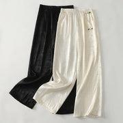 Buddha Stones Spring Casual Jacquard Solid Color Women's Cotton Linen Wide Leg Pants With Pockets