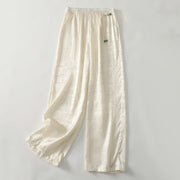 Buddha Stones Spring Casual Jacquard Solid Color Women's Cotton Linen Wide Leg Pants With Pockets