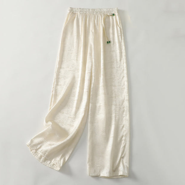 Buddha Stones Spring Casual Jacquard Solid Color Women's Cotton Linen Wide Leg Pants With Pockets