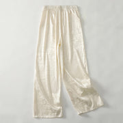 Buddha Stones Spring Casual Jacquard Solid Color Women's Cotton Linen Wide Leg Pants With Pockets