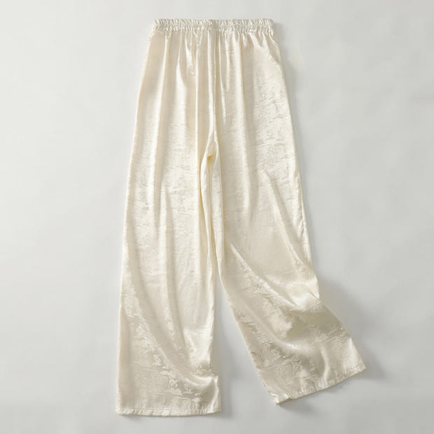 Buddha Stones Spring Casual Jacquard Solid Color Women's Cotton Linen Wide Leg Pants With Pockets