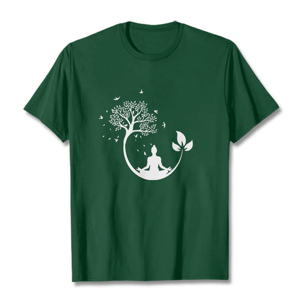 Buddha Stones Buddha Meditating In A Tree Pattern Cotton Tee T-shirt