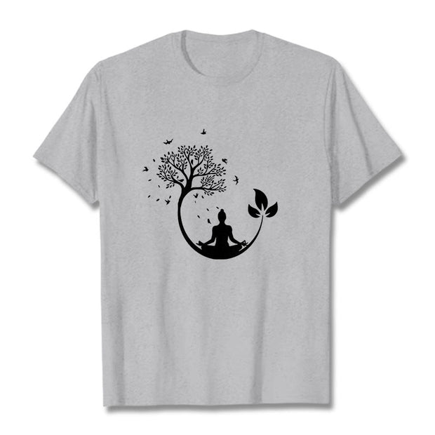 Buddha Stones Buddha Meditating In A Tree Pattern Cotton Tee T-shirt