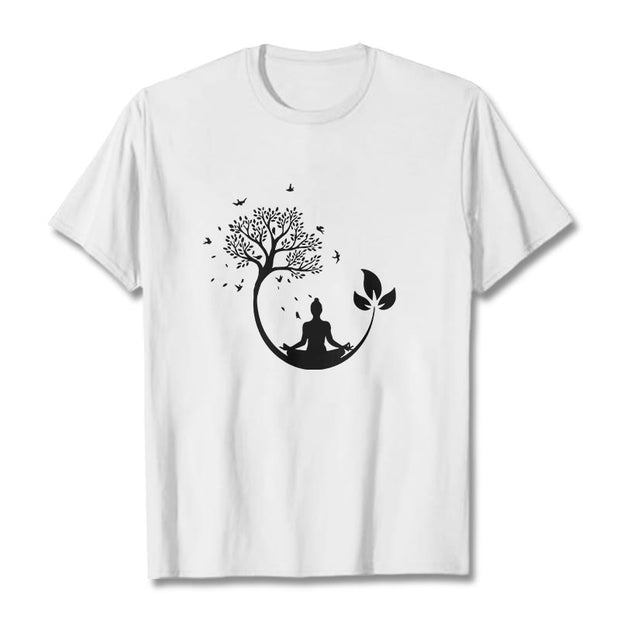 Buddha Stones Buddha Meditating In A Tree Pattern Cotton Tee T-shirt