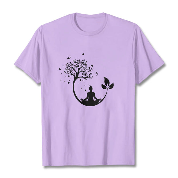 Buddha Stones Buddha Meditating In A Tree Pattern Cotton Tee T-shirt