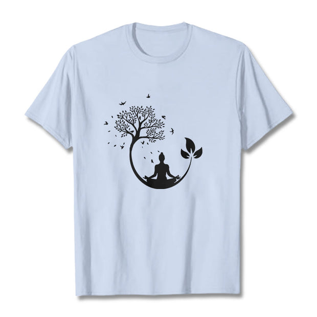 Buddha Stones Buddha Meditating In A Tree Pattern Cotton Tee T-shirt