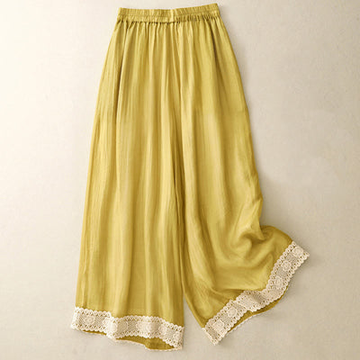 Buddha Stones Spring Vintage Casual Solid Color Lace Patchwork Cuff Women's Cotton Linen Wide Leg Pants With Pockets