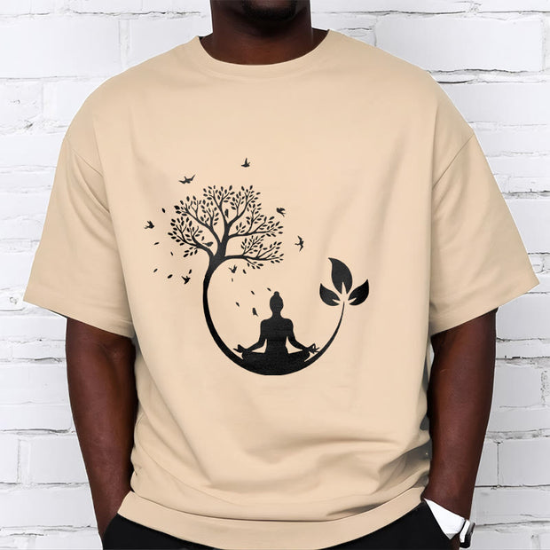 Buddha Stones Buddha Meditating In A Tree Pattern Cotton Tee T-shirt