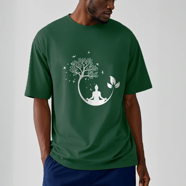 Buddha Stones Buddha Meditating In A Tree Pattern Cotton Tee T-shirt