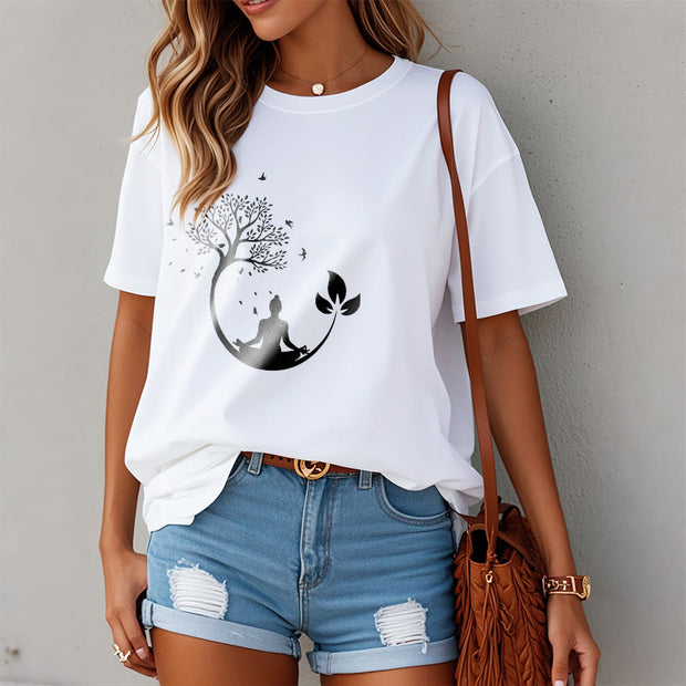 Buddha Stones Buddha Meditating In A Tree Pattern Cotton Tee T-shirt