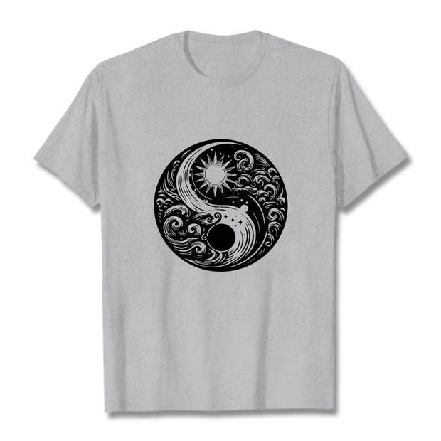 Buddha Stones Sun Moon Waves Yin Yang Pattern Cotton Tee T-shirt