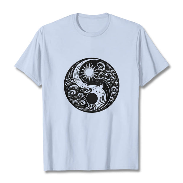 Buddha Stones Sun Moon Waves Yin Yang Pattern Cotton Tee T-shirt