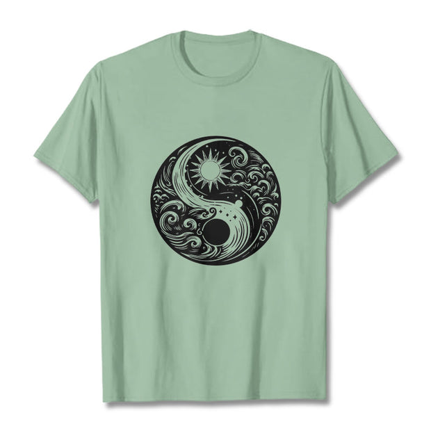 Buddha Stones Sun Moon Waves Yin Yang Pattern Cotton Tee T-shirt