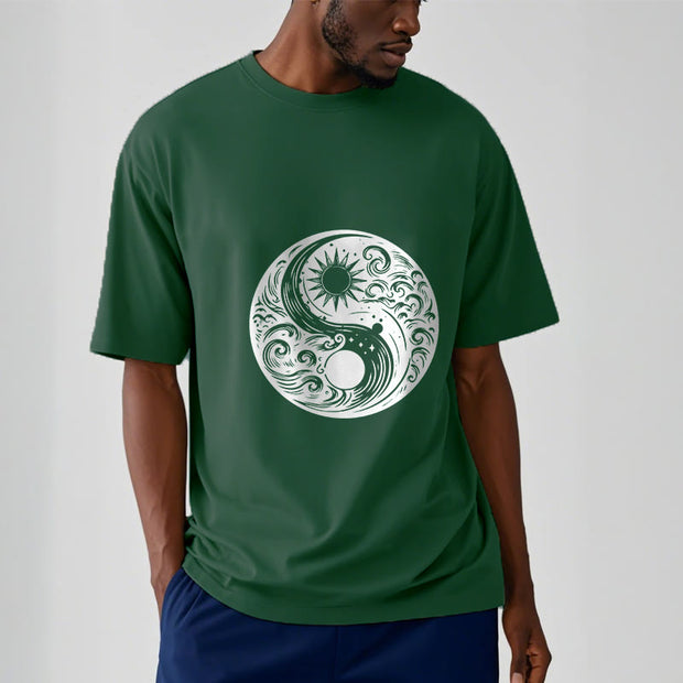 Buddha Stones Sun Moon Waves Yin Yang Pattern Cotton Tee T-shirt