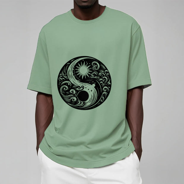 Buddha Stones Sun Moon Waves Yin Yang Pattern Cotton Tee T-shirt