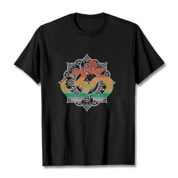 Buddha Stones Gradient-colored Om Sanskrit Mandala Background Pattern Cotton Tee T-shirt