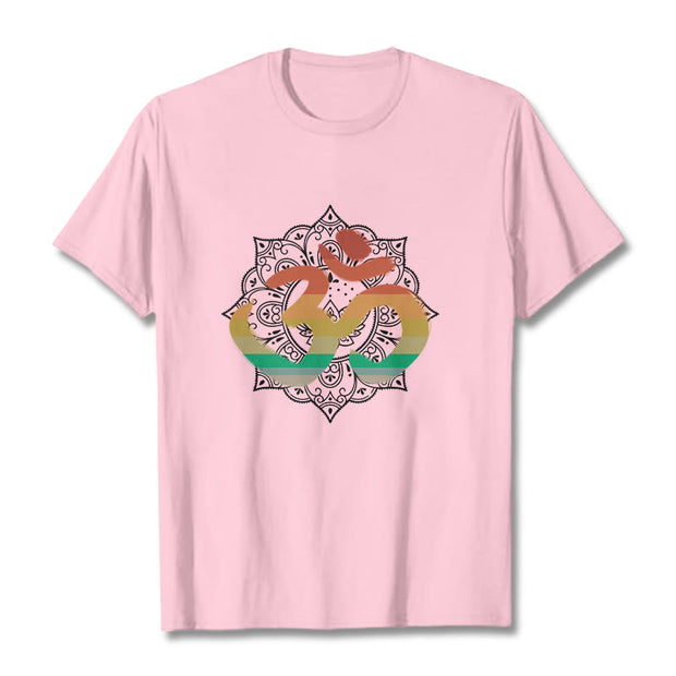 Buddha Stones Gradient-colored Om Sanskrit Mandala Background Pattern Cotton Tee T-shirt