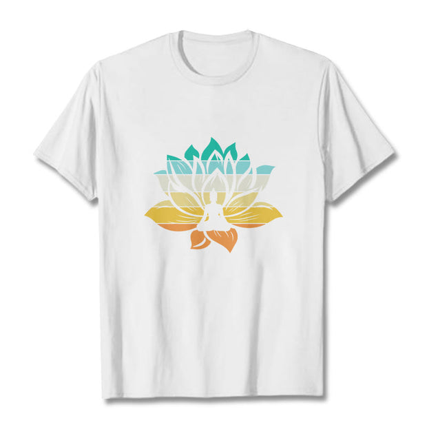 Buddha Stones Gradient-colored Lotus Flower Buddha Meditation Cotton Tee T-shirt