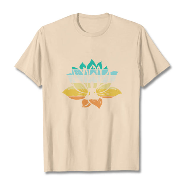 Buddha Stones Gradient-colored Lotus Flower Buddha Meditation Cotton Tee T-shirt