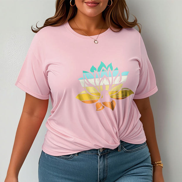 Buddha Stones Gradient-colored Lotus Flower Buddha Meditation Cotton Tee T-shirt