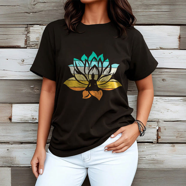 Buddha Stones Gradient-colored Lotus Flower Buddha Meditation Cotton Tee T-shirt