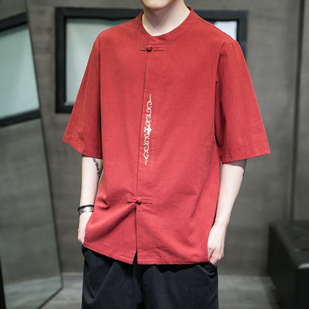 Buddha Stones Casual Solid Color Frog-Button Embroidery Men's Cotton Linen Shirt Cardigan