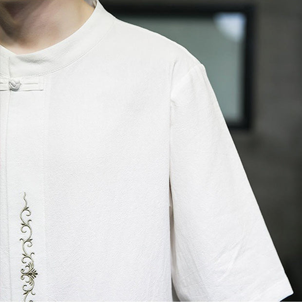 Buddha Stones Casual Solid Color Frog-Button Embroidery Men's Cotton Linen Shirt Cardigan
