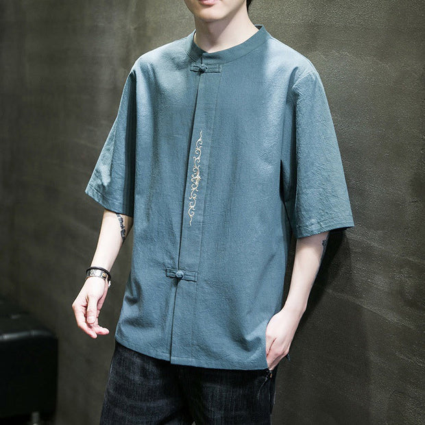 Buddha Stones Casual Solid Color Frog-Button Embroidery Men's Cotton Linen Shirt Cardigan