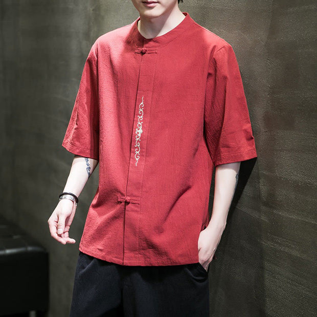 Buddha Stones Casual Solid Color Frog-Button Embroidery Men's Cotton Linen Shirt Cardigan