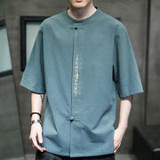 Buddha Stones Casual Solid Color Frog-Button Embroidery Men's Cotton Linen Shirt Cardigan