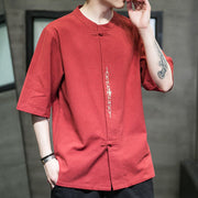 Buddha Stones Casual Solid Color Frog-Button Embroidery Men's Cotton Linen Shirt Cardigan