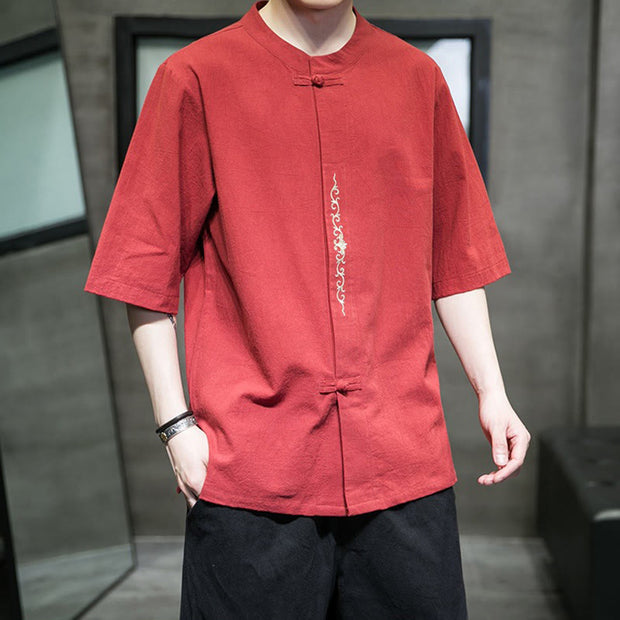 Buddha Stones Casual Solid Color Frog-Button Embroidery Men's Cotton Linen Shirt Cardigan