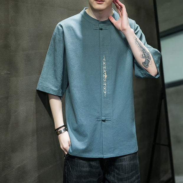 Buddha Stones Casual Solid Color Frog-Button Embroidery Men's Cotton Linen Shirt Cardigan