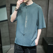 Buddha Stones Casual Solid Color Frog-Button Embroidery Men's Cotton Linen Shirt Cardigan