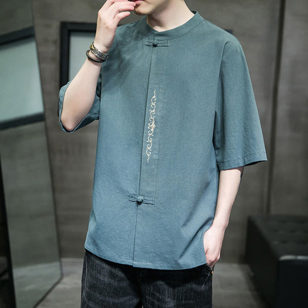 Buddha Stones Casual Solid Color Frog-Button Embroidery Men's Cotton Linen Shirt Cardigan