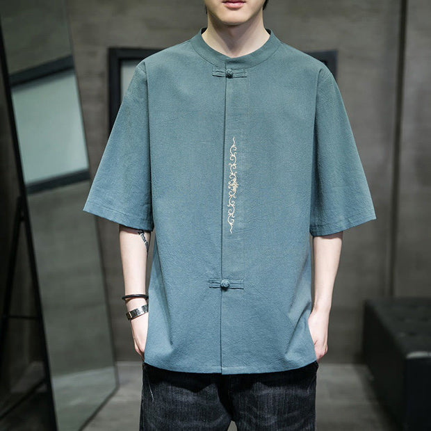 Buddha Stones Casual Solid Color Frog-Button Embroidery Men's Cotton Linen Shirt Cardigan