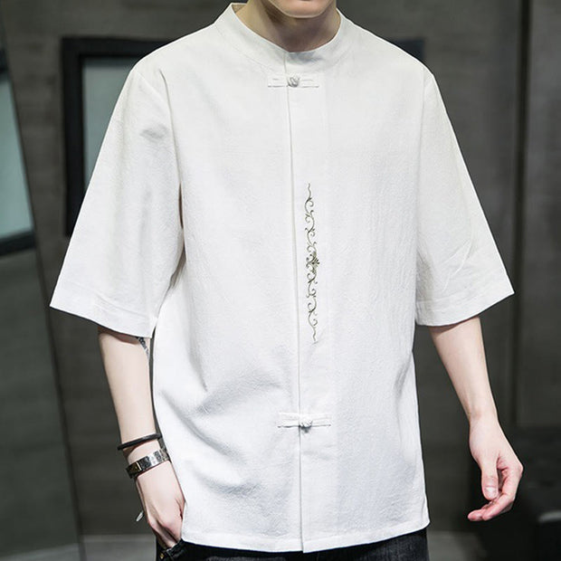 Buddha Stones Casual Solid Color Frog-Button Embroidery Men's Cotton Linen Shirt Cardigan