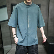 Buddha Stones Casual Solid Color Frog-Button Embroidery Men's Cotton Linen Shirt Cardigan