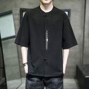 Buddha Stones Casual Solid Color Frog-Button Embroidery Men's Cotton Linen Shirt Cardigan
