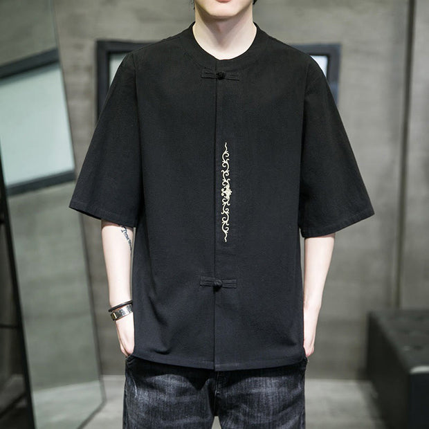 Buddha Stones Casual Solid Color Frog-Button Embroidery Men's Cotton Linen Shirt Cardigan
