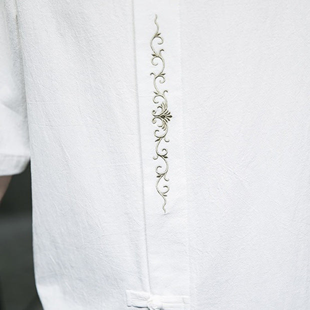 Buddha Stones Casual Solid Color Frog-Button Embroidery Men's Cotton Linen Shirt Cardigan