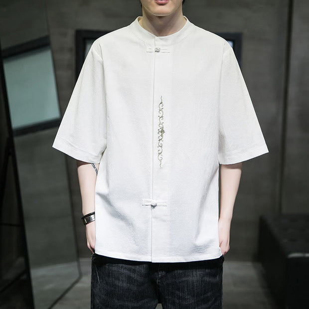 Buddha Stones Casual Solid Color Frog-Button Embroidery Men's Cotton Linen Shirt Cardigan