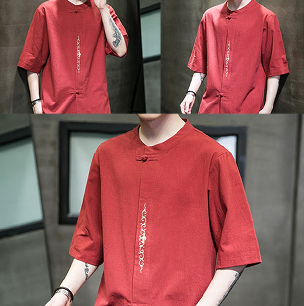 Buddha Stones Casual Solid Color Frog-Button Embroidery Men's Cotton Linen Shirt Cardigan