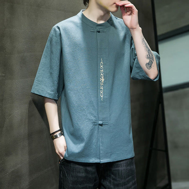 Buddha Stones Casual Solid Color Frog-Button Embroidery Men's Cotton Linen Shirt Cardigan