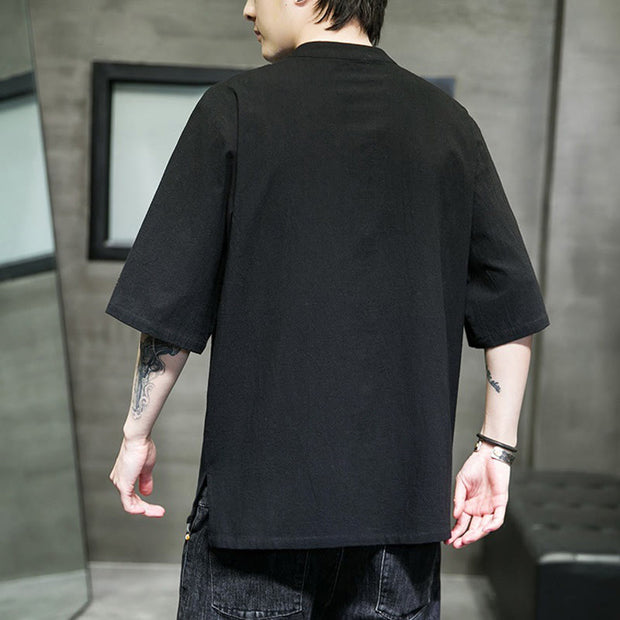 Buddha Stones Casual Solid Color Frog-Button Embroidery Men's Cotton Linen Shirt Cardigan