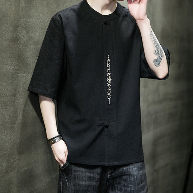 Buddha Stones Casual Solid Color Frog-Button Embroidery Men's Cotton Linen Shirt Cardigan