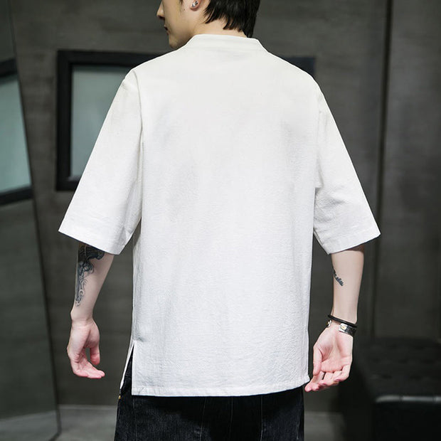 Buddha Stones Casual Solid Color Frog-Button Embroidery Men's Cotton Linen Shirt Cardigan